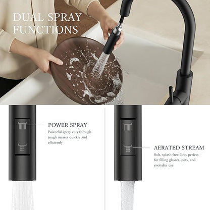 FORIOUS Kitchen Faucets with Pull Down Sprayer, Black Classic Single Handle Stainless Steel High Arc Faucet for Kitchen Sink, 1 Hole with Deck Plate Sink Faucet for Bar RV Farmhouse Outdoor Laundry