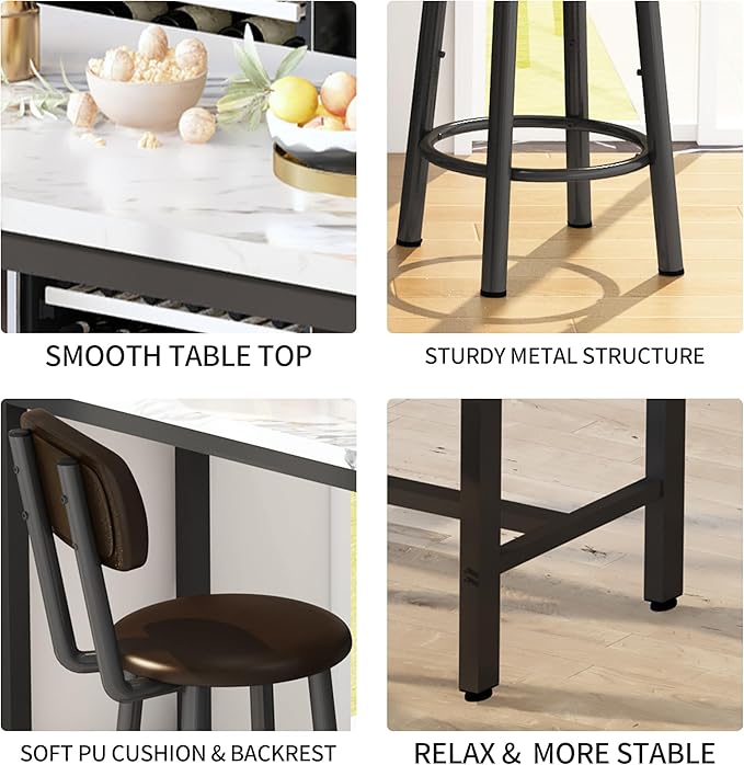 Lamerge Faux Marble Pub Height Table with 2 PU Upholstered Stools,3-Piece Kitchen Table and Chairs,Suit for Dining Room & Living Room & Breakfast Nook,Space Saving Set for 2,White & Brown,39.3"