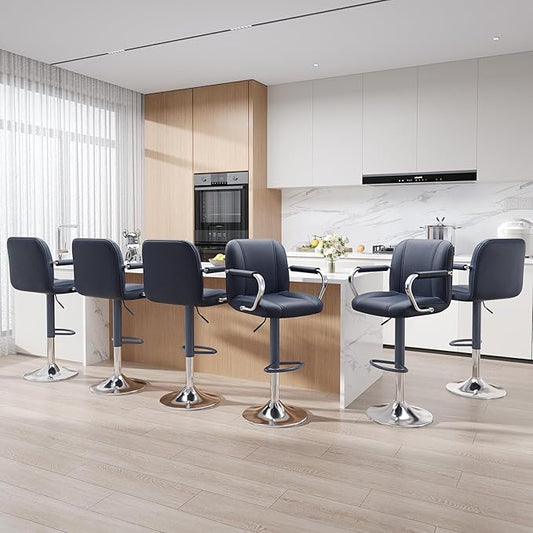 MALOL Set of 6 Blue Counter Height Stools with Backs – Adjustable Swivel High Chairs for Kitchen Island, Modern Bar Chairs, Taburetes para Barra de Cocina, Island Stools for Home Bar