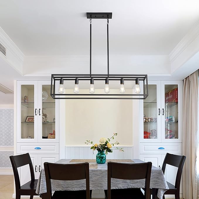 41'' Dining Room Light Fixture, 6-Light Black Chandeliers for Dining Room, Linear Kitchen Light Fixtures, Modern & Farmhouse Style, Rectangle, Height Adjustable (E26, Metal)