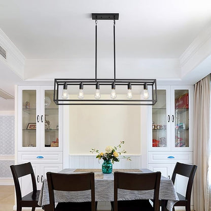 41'' Dining Room Light Fixture, 6-Light Black Chandeliers for Dining Room, Linear Kitchen Light Fixtures, Modern & Farmhouse Style, Rectangle, Height Adjustable (E26, Metal)