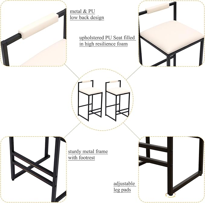 Set of 2 Counter Height Barstools Kitchen Island Stools with Back Modern Armless Metal Legs & PU Upholstered Chairs