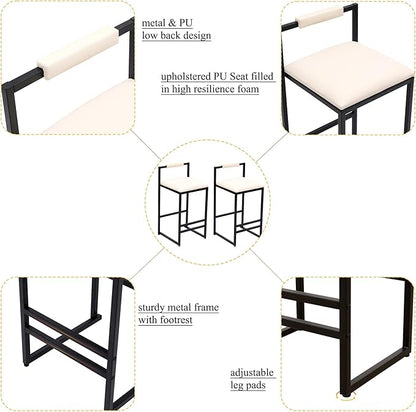 Set of 2 Counter Height Barstools Kitchen Island Stools with Back Modern Armless Metal Legs & PU Upholstered Chairs,for Living Room