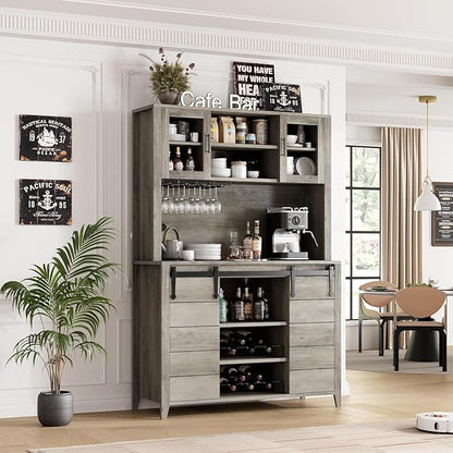 IDEALHOUSE 70'' Wine Coffee Bar Cabinet with Storage Hutch, Tall Kitchen Pantry Liquor Cabinet with Sliding Barn Doors, Bottle Glasses Rack, Farmhouse Buffet for Home Dining Room, Gray