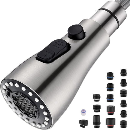 Metal Kitchen Faucet Head Replacement – 3 Mode High-Pressure Sink Sprayer Replacement with 15 Nozzle Adapters, Durable Pull Down Spray Head for Kitchen Sink (Stream/Spray/Blade), Stainless Steel
