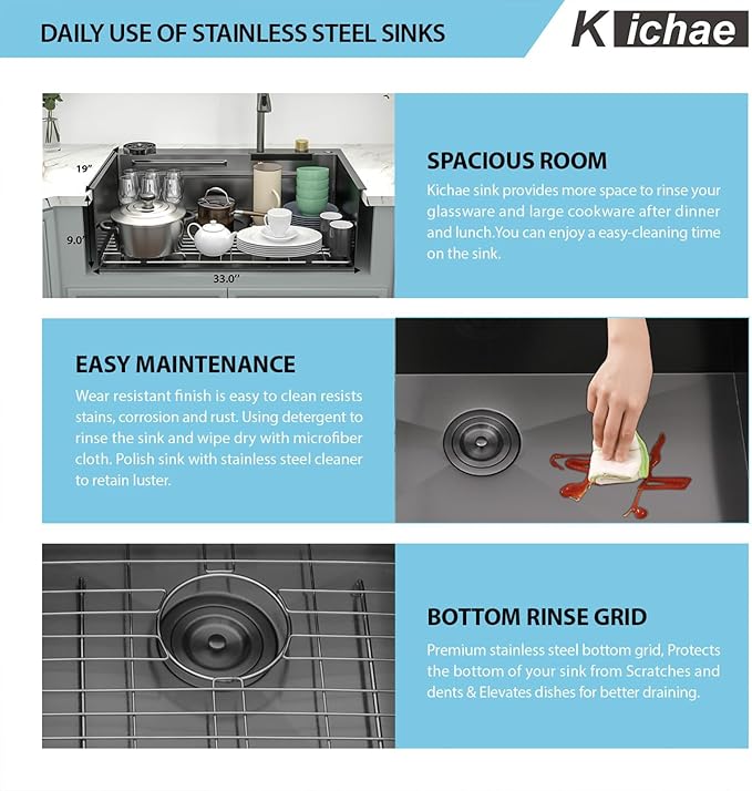 Kichae 33 Black Kitchen Sink Drop In Waterfall - 33x19 Drop Sink Stainless Steel 16G Single Bowl Waterfall Kitchen Sinks Workstation Handmade with Faucet & Glass Rinser