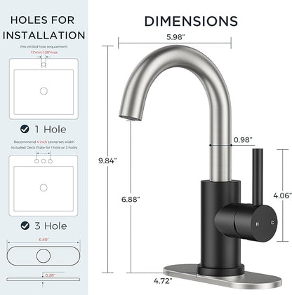 FORIOUS Black and Brushed Nickel Bathroom Sink Faucet 1 or 3 Hole with Metal Pop Up Drain and Hoses, Single Handle Vanity Faucet for Bathroom Bar Kitchen RV, 360° Swivel High Arc Spout