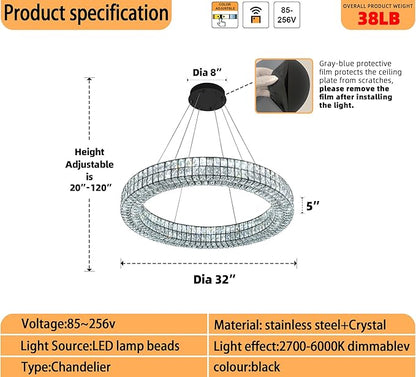 Modern Led Ring Chandelier Dimmable Crystal Chandelier for Living Room Dining Room 32 inch Black Adjustable Ring Pendant Light