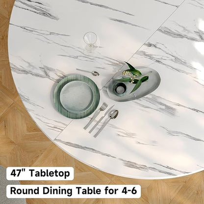 Round Kitchen Dining Table for 4-6 People, 47 inch Mid-Century Circle Dinner Tables, Rustic Wood Base in Fluted Design, Space Saving Dining Room Furniture, Large Table Only for Family Party, Marble