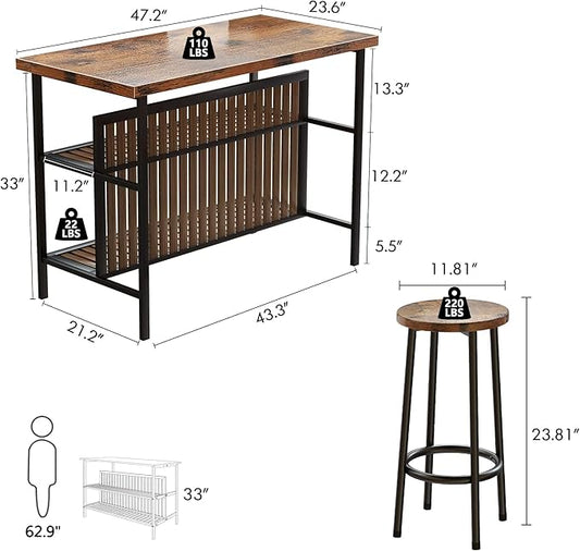Recaceik 3 Piece Pub Set, Rectangular 2 Bar Stools, Wood Dining Room Set of 2, Modern Counter Height Table with Storage, Kitchen Island with Seating, 47" Faux Marble, Rustic Brown