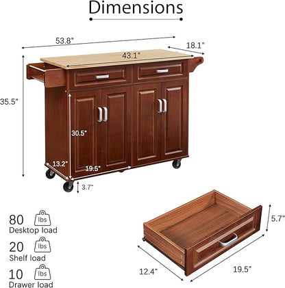 GOWE 54'' Portable Kitchen Island Cart on Wheels Wood Storage Cabinet with 2 Drawers, Spice Rack & Towel Rack, Walnut 53.78''W x 18.11''D x 35.47''H.