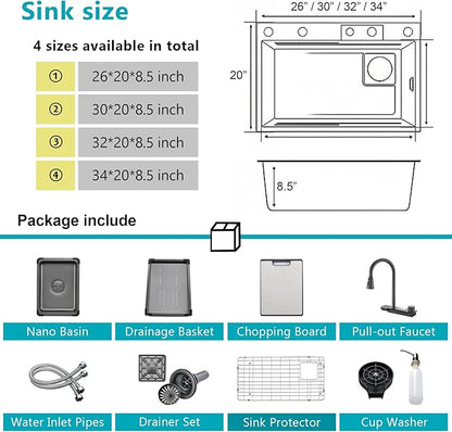 Waterfall Kitchen Sink 32" x 20" Drop-in Single Bowl Sinks, SUS304 Workstation Handmade Undermount Sink With Pull-out Faucet, Cup Washer & Accessories (Black, 32" x 20")