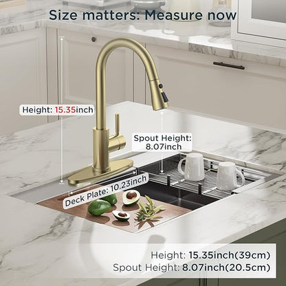 QFN Gold Kitchen Faucet with Pull Down Sprayer, High Arc Single Handle Single Level Stainless Steel Pull Out Sink Faucet for Farmouse Camper RV Bar, Fit for 1 or 3 Hole