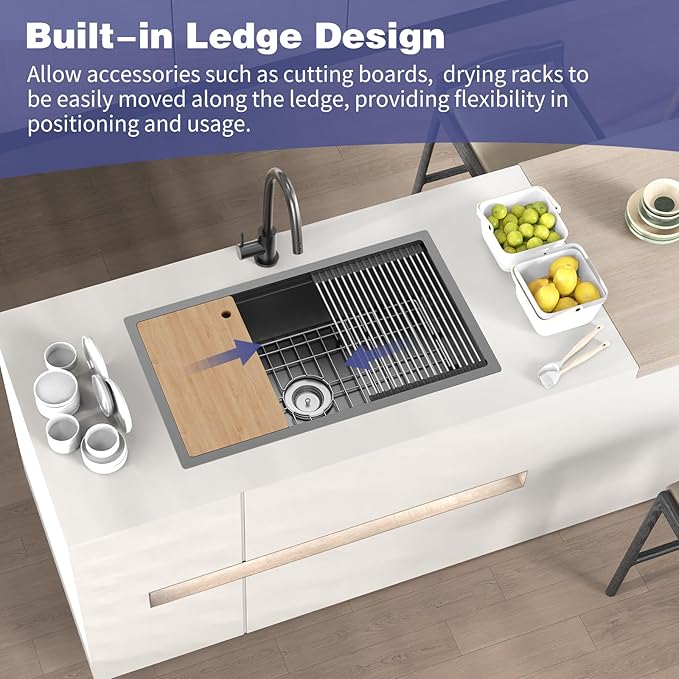 Black Kitchen Sink Workstation,32"x18" Stainless Steel Undermount Single Bowl Sink Built-in Ledge Drop In Workstation Sink Design For Placing/Sliding Accessories-Cutting Board,Drying Rack