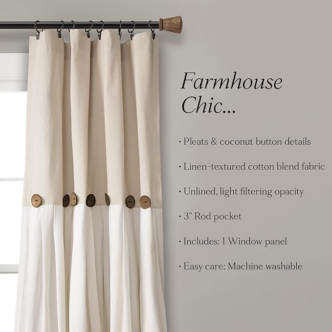 Lush Decor Linen Button Window Curtain Panel, Single, 40" W x 120" L, Linen - Country Curtains - Rustic Decor - Color Block Modern Farmhouse Curtains For Living Room, Bedroom & Dining Room