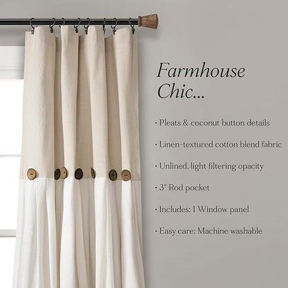 Lush Decor Linen Button Window Curtain Panel, Single, 40" W x 120" L, Linen - Country Curtains - Rustic Decor - Color Block Modern Farmhouse Curtains For Living Room, Bedroom & Dining Room