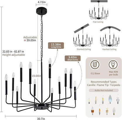 Black Chandelier, 12-Light Farmhouse Chandeliers for Dining Room, Classic Candle Ceiling Pendant Light Fixture for Living Room, Foyer, Kitchen Island, Bedroom, Entryway