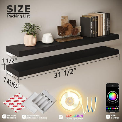 BAMEOS Floating Shelves with RGB LED, 31" Wooden Wall Shelves with Invisible Brackets, Set of 2, Wall Mounted Display Shelves Decoration for Bedroom, Bathroom, Living Room, Kitchen (White)