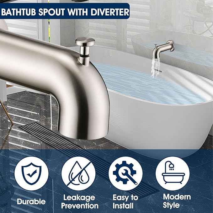 Slip-On Tub Spout with Diverter Long for Bathtub Spout, Fit for 1/2 Inch Slip Pipe, Brushed Nickel