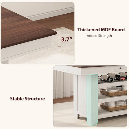 Garvee Counter Height Dining Table with 2 Drawers, 36" Farmhouse Wooden Large Bar Kitchen Table with Wine Rack & 3 Shelves, Rectangular, Thick Frame for Kitchen, Bar & Entertaining, Retro White Brow