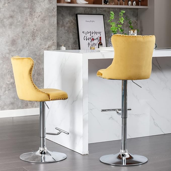 Rhomtree Velvet Swivel Bar Stools Upholstered Bar Stool with Button Tufted Back and Pull Ring Height Adjustable Barstools 25-33 Inch for Home Pub and Kitchen Island (Gold with Silver Base, Set of 4)
