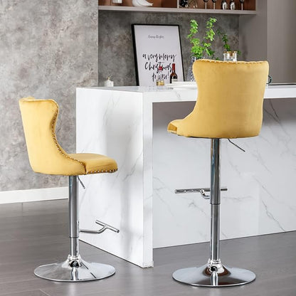 Rhomtree Velvet Swivel Bar Stools Upholstered Bar Stool with Button Tufted Back and Pull Ring Height Adjustable Barstools 25-33 Inch for Home Pub and Kitchen Island (Gold with Silver Base, Set of 8)