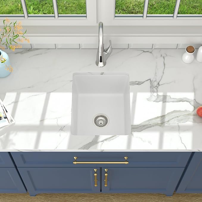 Lordear Granite Composite White Bar Sink 15 x 18 Inch Undermount Kitchen RV Sinks Small Quartz Bar Sink