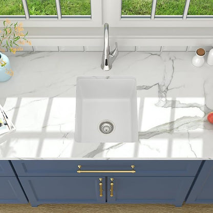 Lordear Granite Composite White Bar Sink 15 x 18 Inch Undermount Kitchen RV Sinks Small Quartz Bar Sink