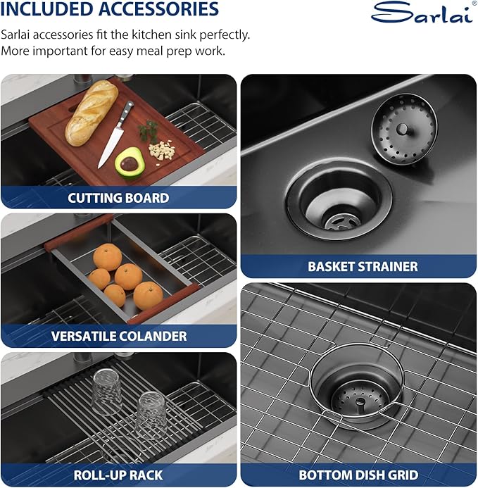 Sarlai 33 Inch Black Drop In Kitchen Sink Workstation - 33x19 Drop In Kitchen Sink Black Stainless Steel Topmount Workstation Sink 16 Gauge Deep Single Bowl Top-mount Kitchen Sink