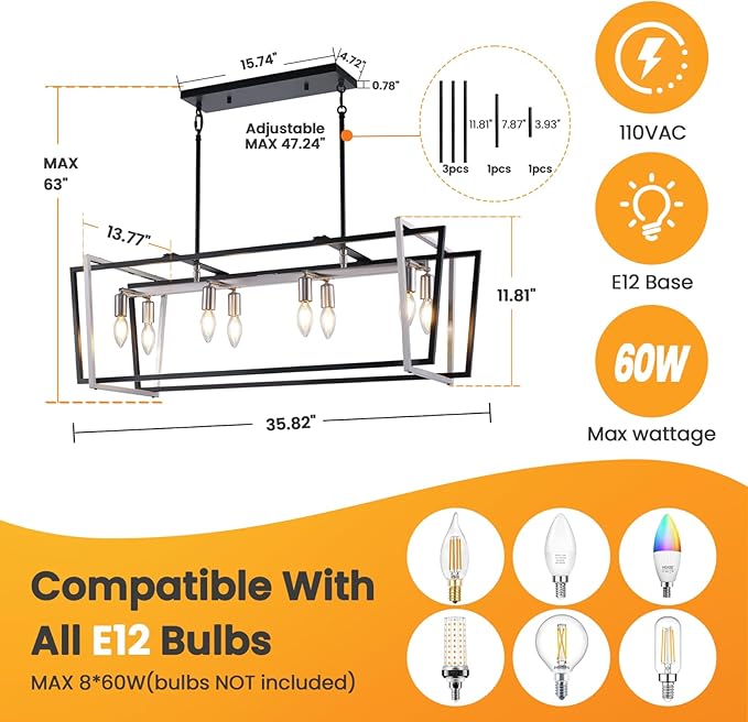 WJShome Dining Room Light Fixture/Chandelier Over Table, 8-Light Kitchen Island Lighting, 36" Hanging for Farmhouse Linear Chandeliers Modern Black and Brushed Nickel Ceiling Pendant Light Fixtures