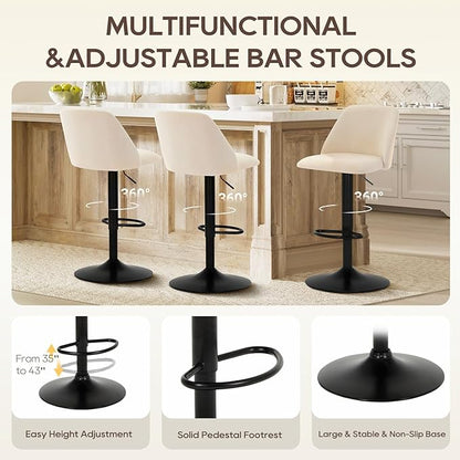 COLAMY Bar Stools Set of 3, Modern Swivel Bar Chairs, Adjustable Upholstered Barstools Counter Height with Full Backrest for Bar, Dining Room, Kitchen Island, Beige