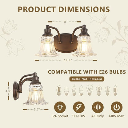 2-Light Bathroom Light Fixtures Over Mirror, Vintage Vanity Lights with Clear Floral Glass Shades, Oil Rubbed Bronze