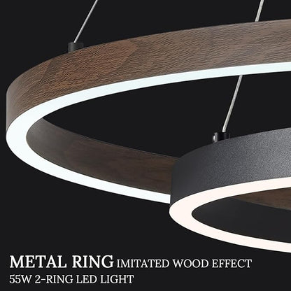 2 Ring LED Chandelier Black Walnut Wood Chandelier for Dining Room 24in Dimmable Circular Chandeliers Light Round Chandeliers for Bedroom Kitchen Entryway Living Room