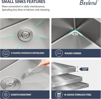 12 Inch Bar Sink Undermount - Beslend 12x15 Undermount Kitchen Sink RV Sink, Stainless Steel Small Sinks Wet Bar Sinks Workstation 16 Gauge Single Bowl Under Counter, 9" Height