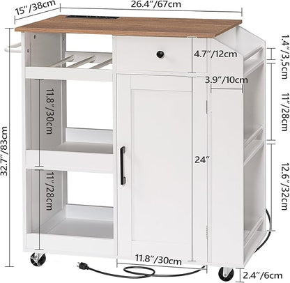 MAHANCRIS Kitchen Island with Power Outlet, Kitchen Storage Island with Drawer, Rolling Kitchen Cart on Wheels, Spice Rack, Towel Rack, Wine Rack, for Dining Room, White and Walnut KIBZ122E01