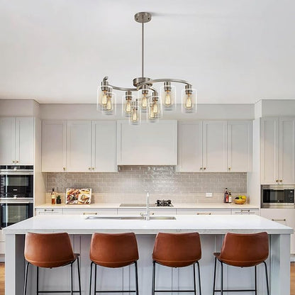 CNRATYE 9-Light Brushed Nickel Glass Chandelier, Adjustable Height Hanging Industrial Dining Room Chandelier Over Table, Modern Farmhouse Chandelier for Kitchen Island Living Room Entryway Bedroom