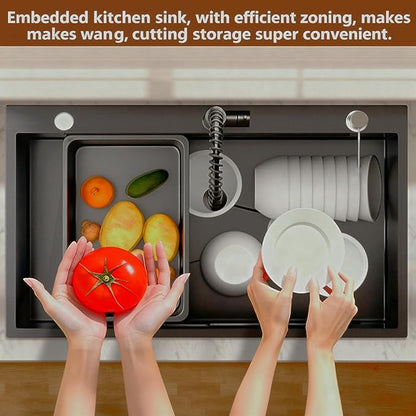 Black Kitchen Sink Drop-in with Accessories: 32x19 Workstation Sink Drop-in Kitchen Sink Stainless Steel Deep Single Bowl with Cutting Board & Pull-out Faucet for Family Kitchen
