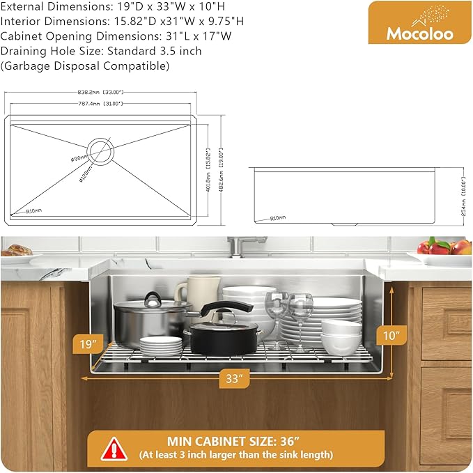 33 Undermount Kitchen Sink - Mocoloo 33 x 19 Undermount Sink Workstation Stainless Steel Kitchen Sinks 16 Gauge Single Bowl Handmade,10'' Deep Basin