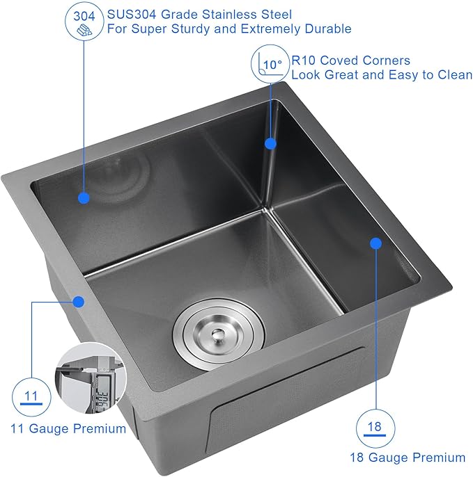 MENATT 15 x 15 Inch Black Undermout Kitchen Sink, 304 Stainless Steel Handmade Single Bowl Small Kitchen Bar or Prep Sink, D15"xW15"xH8"