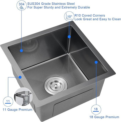 MENATT 15 x 15 Inch Black Undermout Kitchen Sink, 304 Stainless Steel Handmade Single Bowl Small Kitchen Bar or Prep Sink, D15"xW15"xH8"
