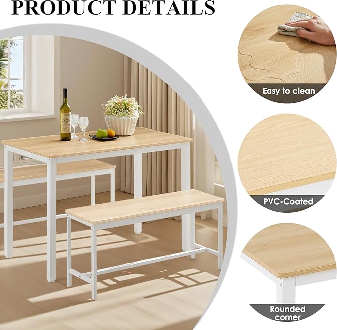 Dining Table Set for 4, Small Kitchen Set with 2 Benches, Kitchen Table with Metal Frame and Adjustable Feet, 3-Piece Dining Room Set for Breakfast Nook and Small Space, White