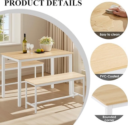 Dining Table Set for 4, Small Kitchen Set with 2 Benches, Kitchen Table with Metal Frame and Adjustable Feet, 3-Piece Dining Room Set for Breakfast Nook and Small Space, White