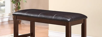 Brown Espresso Counter Height Bench with Faux Leather Upholstered Seat and Footrest, Farmhouse Style Wooden Furniture for Kitchen or Dining Room