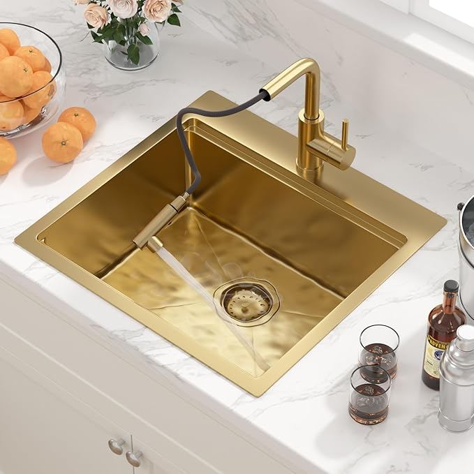 Sarlai 21 Gold Kitchen Sink with Faucet- 21x20 Inch Drop In Kitchen Sink Gold Ledge Workstation Sinks 16 Gauge Stainless Steel Single Bowl Topmount Sinks with Pull-out Faucet