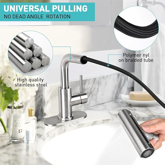Bathroom Sink Faucet with 4 Mode Pull Down Sprayer, Brushed Nickel Single Handle Pull Out Faucet with Pop-Up Drain, 1 or 3 Hole Laundry Bar Basin Faucet with Deck Plate
