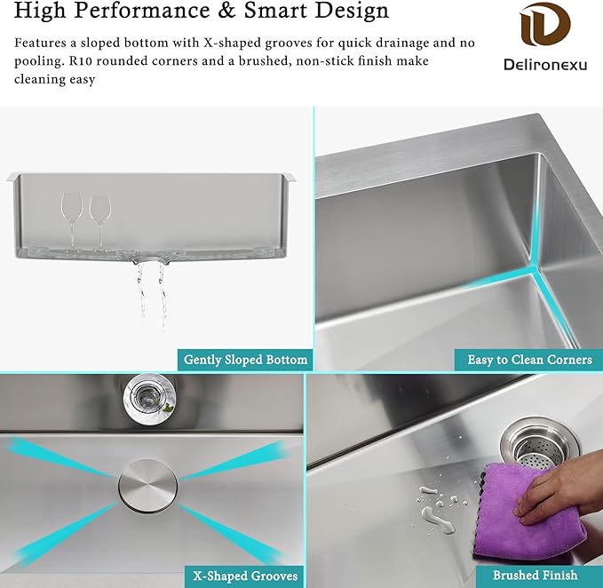 33x19 Drop in Kitchen Sink - Delironexu 16 Gauge Stainless Steel Sinks Top Mount, 33 Inch Drop in Kitchen Sink Single Bowl with 3 Accessories Package