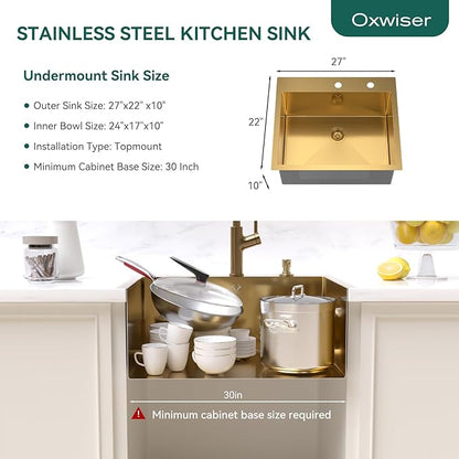 Drop In Kitchen Sink 27 Inch Gold Top Mount Sink 16 Gauge Stainless Steel 2-Hole Deep Single Bowl Kitchen Sinks 27"X22"X10"