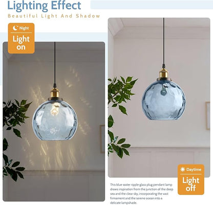 Blue Hanging Lamp Plug in 2 Pack, Hammered Glass Hanging Lights with 14.75Ft Plug in Cord, Globe Pendant Light Plug in Chandelier Ceiling Fixture for Dining Room Kitchen Bedroom