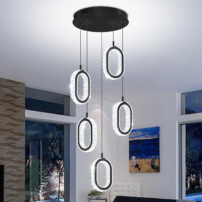 Crystal Rings Chandelier for Living Room, Dimmable Led Black Crystal Ring Chandelier High Ceiling 5-Light Oval Ring Pendant Light for Dining,Hallway, Entryway,Bedroom