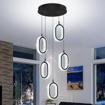 Crystal Rings Chandelier for Living Room, Dimmable Led Black Crystal Ring Chandelier High Ceiling 5-Light Oval Ring Pendant Light for Dining,Hallway, Entryway,Bedroom